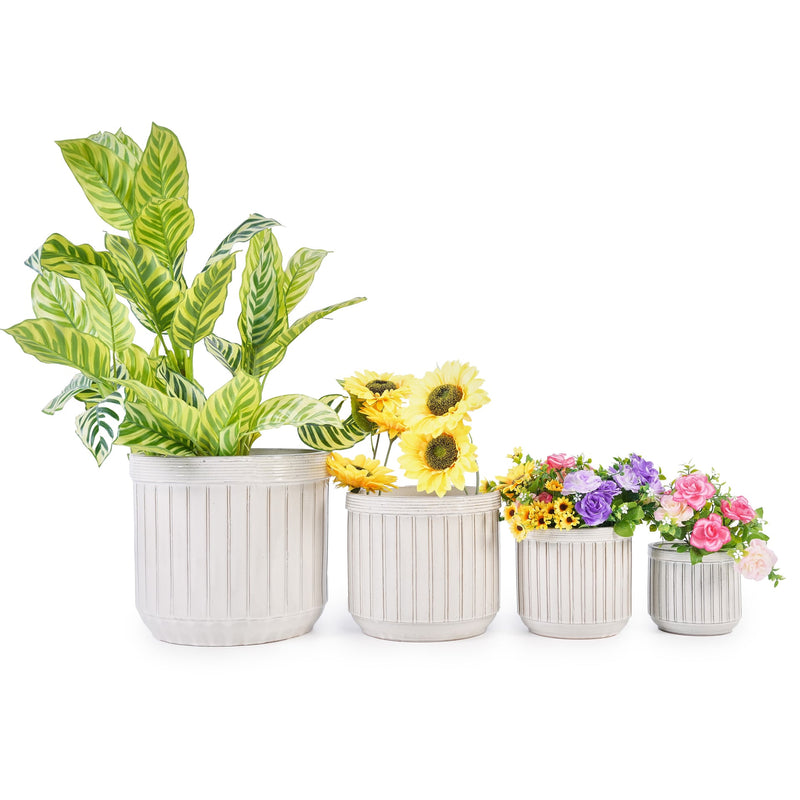 Handmade White Ceramic Planter Set of 4, 6/8/10/12 Inch Diameter, Vertical Line Pattern for Succulents & Cacti, Indoor/Outdoor Use on Windowsill & Bookshelf, Breathable Material
