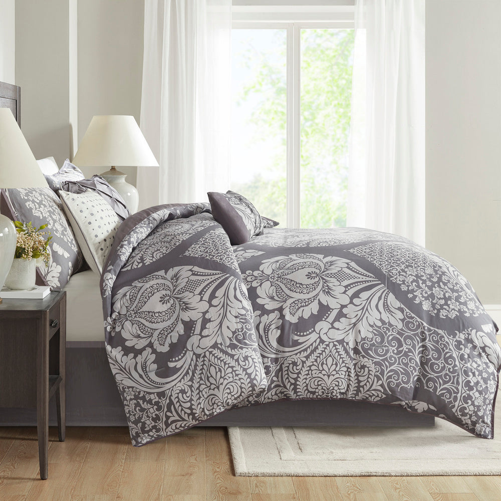 7 Piece Cotton Printed Comforter Set Grey King Media 2