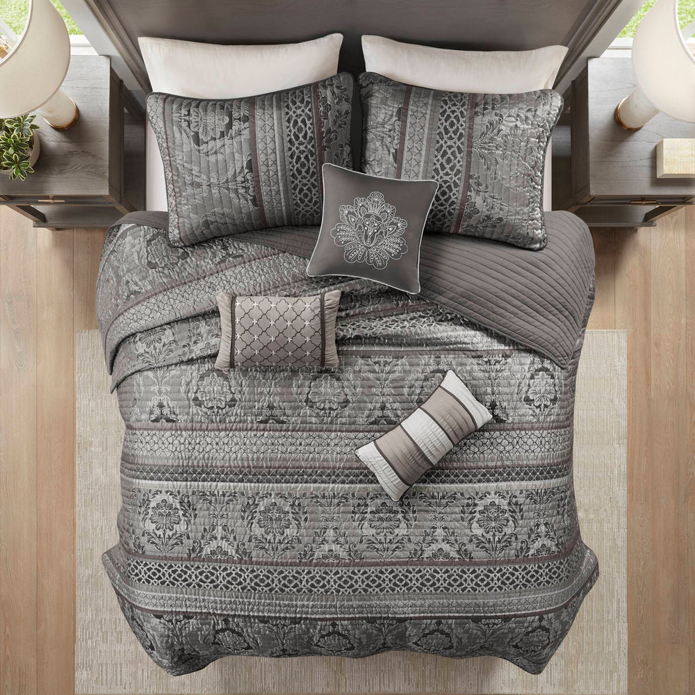 6-Piece King/Cal King 6 Piece Jacquard Quilt Set with Throw Pillows,Grey Media 10