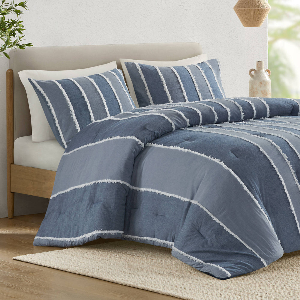 3 Pieces King/Cal King Striped Cotton Comforter Set,Blue Media 6