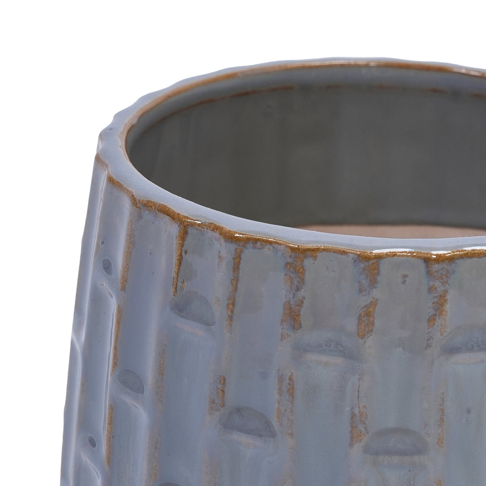 Handmade Gray Glazed Ceramic Planter Set of 2, 6' & 8' Diameter, Vertical Ribbed Pattern, for Succulents & Herbs Indoor/Outdoor Shelf & Table Use, Breathable Clay with Saucers Media 12
