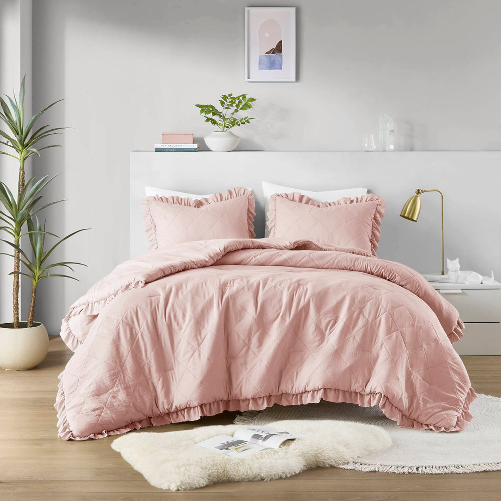 3-Piece Full/Queen Diamond Quilted Ruffle Edge Comforter Set Media 13