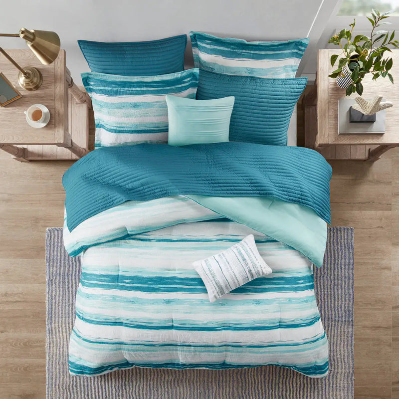 8 Piece Printed Seersucker Comforter and Quilt Set Collection