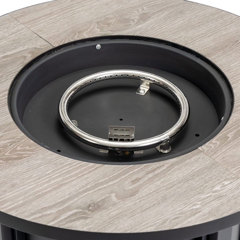 Propane Fire Pit Table Round Steel Wood Grain Ceramic Tabletop For Outdoor Patio & Backyard Entertaining