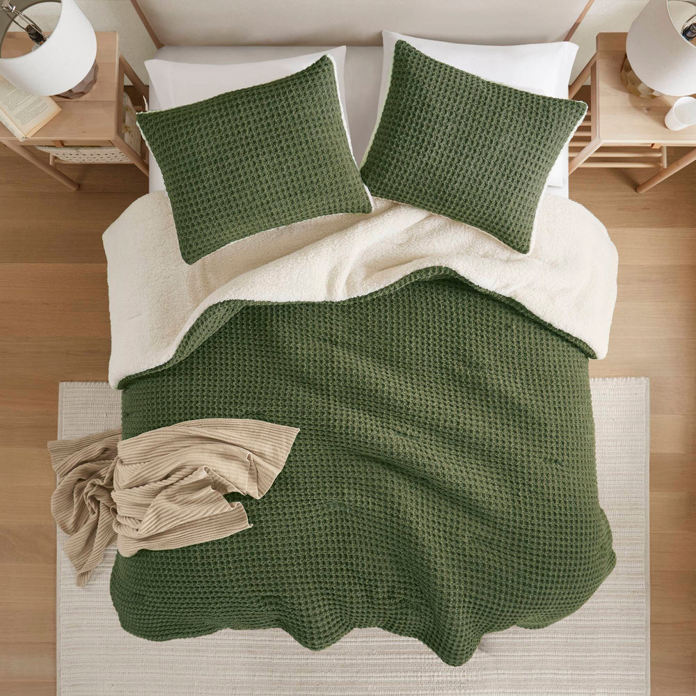 3 Pieces Full/Queen Waffle Knit Chenille Comforter Set,Olive Media 18