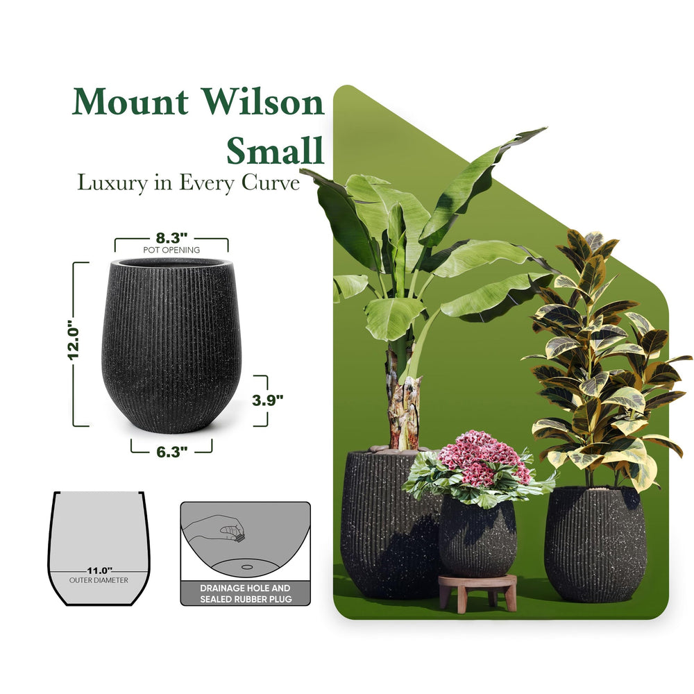 DTY Signature Mount Wilson Modern Indoor Outdoor Fiberstone Tapered Planter, Lightweight, Weather Resistant Garden Pot with Drainage Hole & Rubber Plug (Black, 11'' D x 12'' H) Media 54