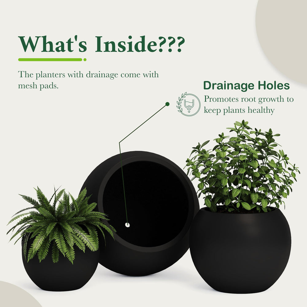 DTY Fiberstone Globe Planter Indoor Outdoor — Lightweight Sphere Ball Pot for Olive Tree, Monstera & Palm | Fiberglass Stone | UV Resistant, Drainage Hole | 2 Coco Mats | Black | 12.6
