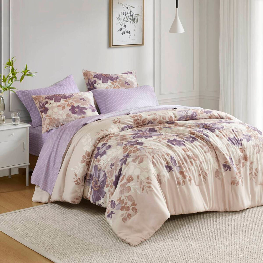 Floral Comforter Set with Bed Sheets Taupe Twin Media 1