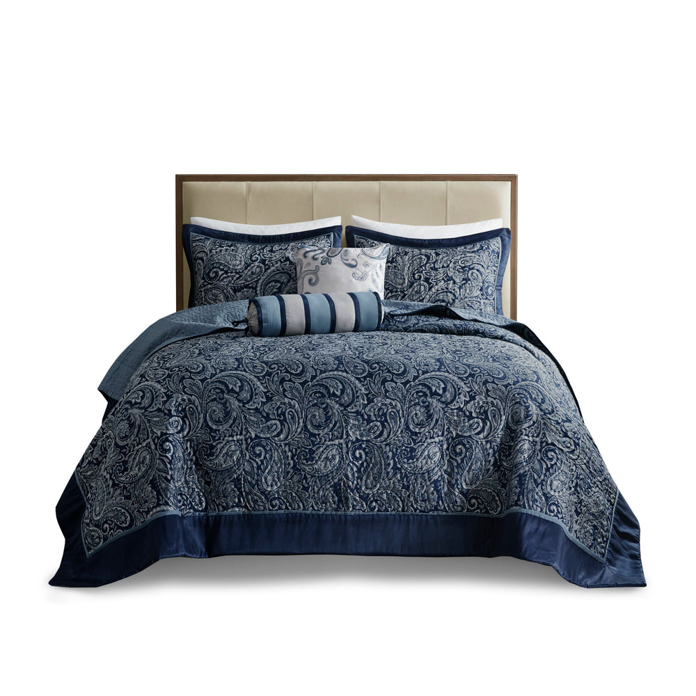 5 Piece Jacquard Bedspread Set with Throw Pillows Navy King Media 14
