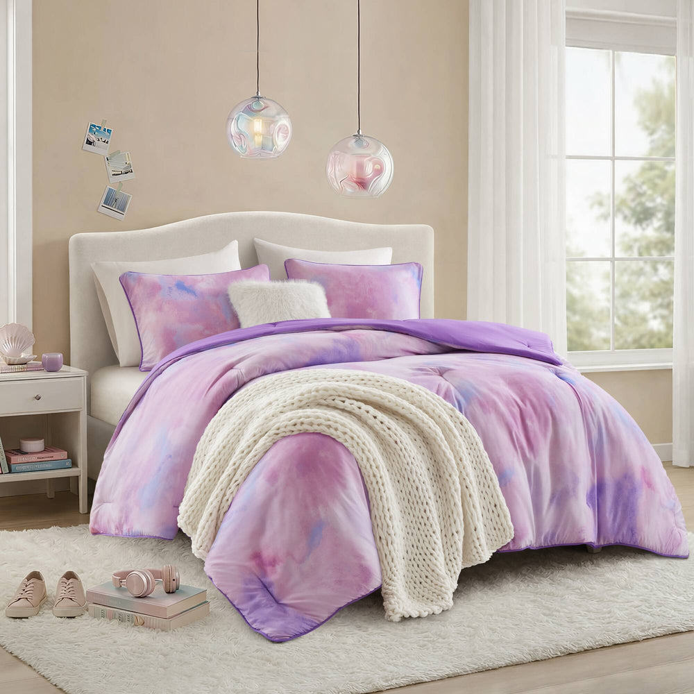 4 Pieces King/Cal King Watercolor Tie Dye Printed Comforter Set with Throw Pillow,Purple Media 1