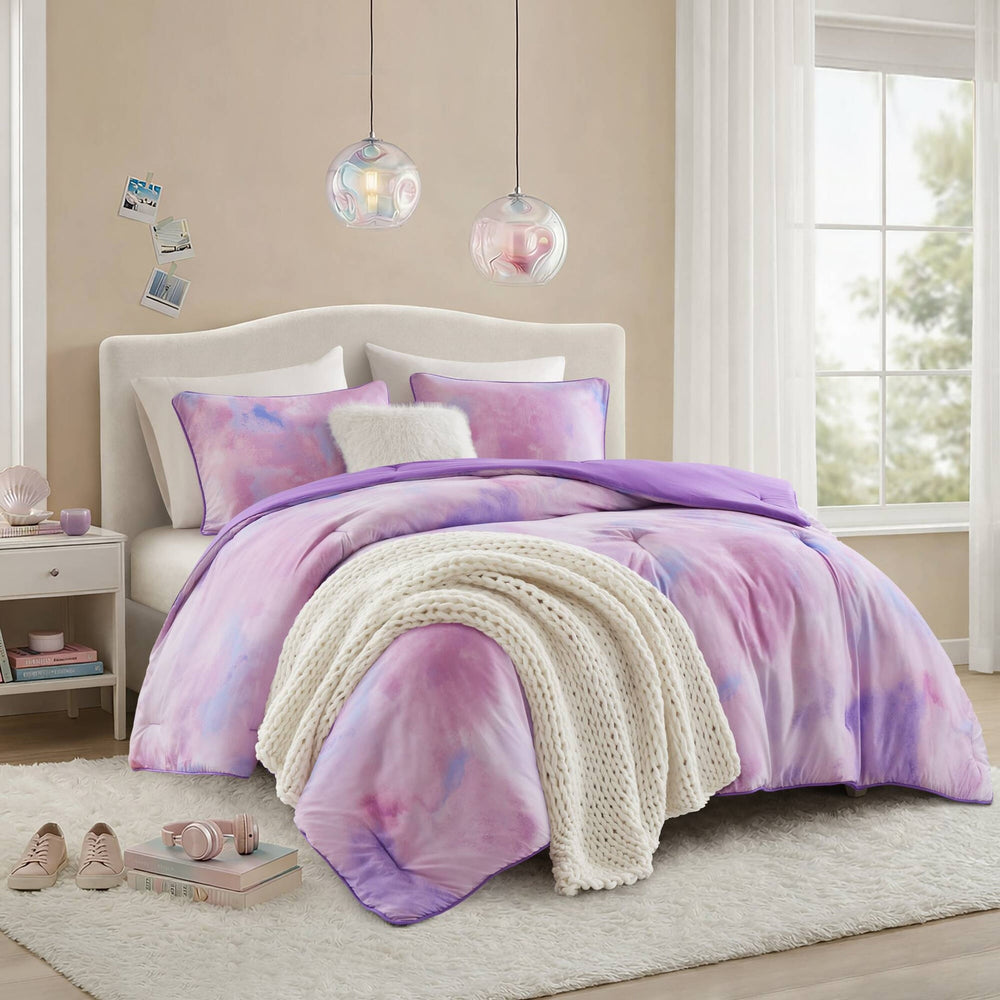 4 Pieces King/Cal King Watercolor Tie Dye Printed Comforter Set with Throw Pillow,Purple Media 1