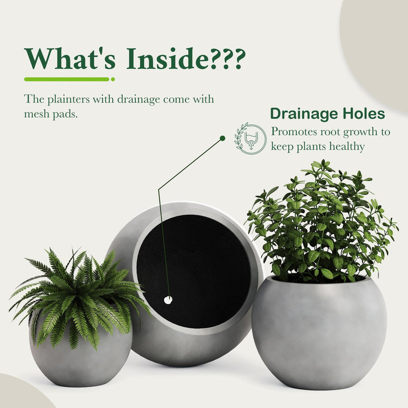 DTY Fiberstone Globe Planter Indoor Outdoor — Lightweight Sphere Ball Pot for Olive Tree, Monstera & Palm | Fiberglass Stone | UV Resistant, Drainage Hole | 2 Coco Mats | Black | 12.6" D × 10" H