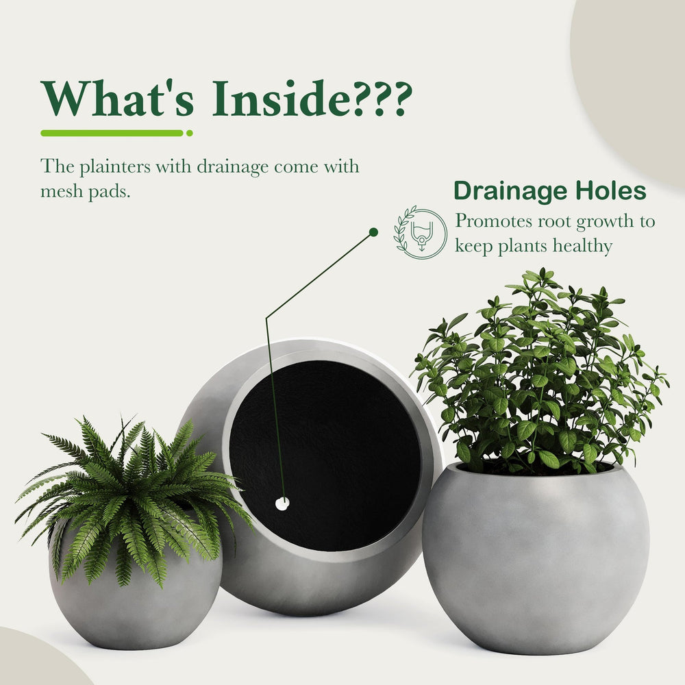DTY Fiberstone Globe Planter Indoor Outdoor — Lightweight Sphere Ball Pot for Olive Tree, Monstera & Palm | Fiberglass Stone | UV Resistant, Drainage Hole | 2 Coco Mats | Black | 12.6