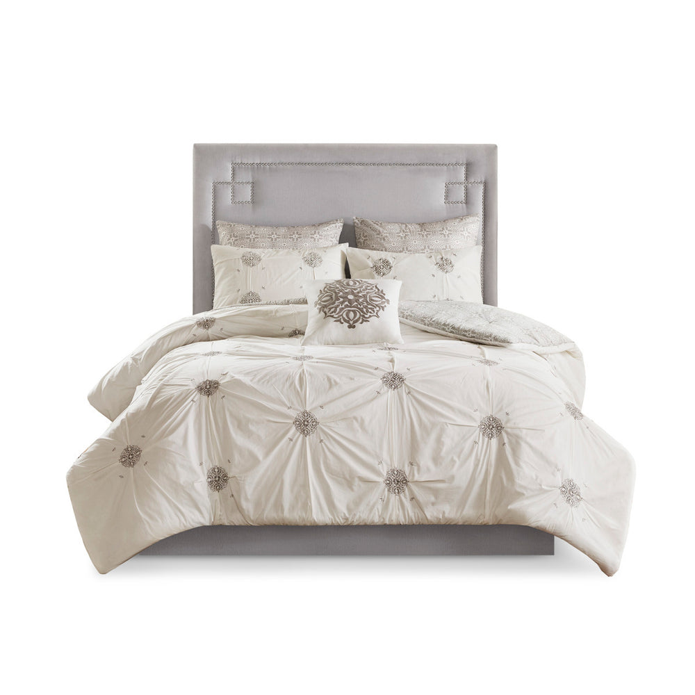 6 Piece Embroidered Cotton Reversible Comforter Set Ivory King/Cal King Media 12