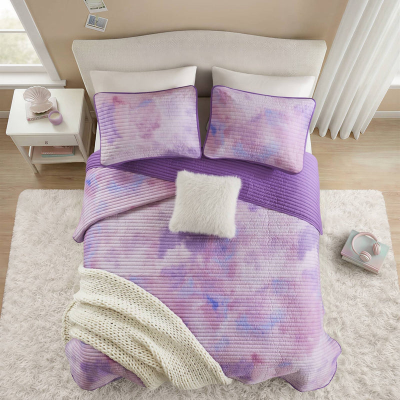 4 Pieces Full/Queen Watercolor Tie Dye Printed Quilt Set with Throw Pillow,Purple