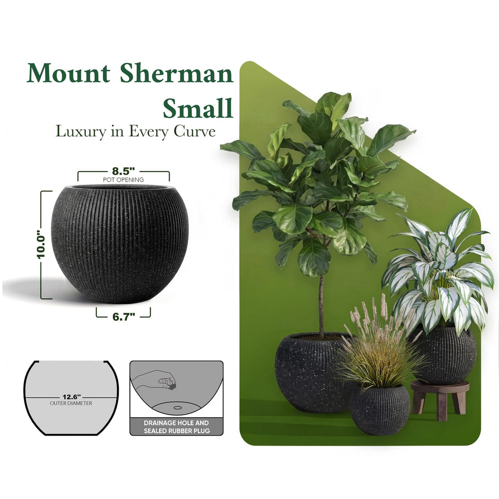 DTY Fiberstone Globe Planter Indoor Outdoor — Lightweight Sphere Ball Pot for Olive Tree, Monstera & Palm | Fiberglass Stone | UV Resistant, Drainage Hole | 2 Coco Mats | Black | 12.6