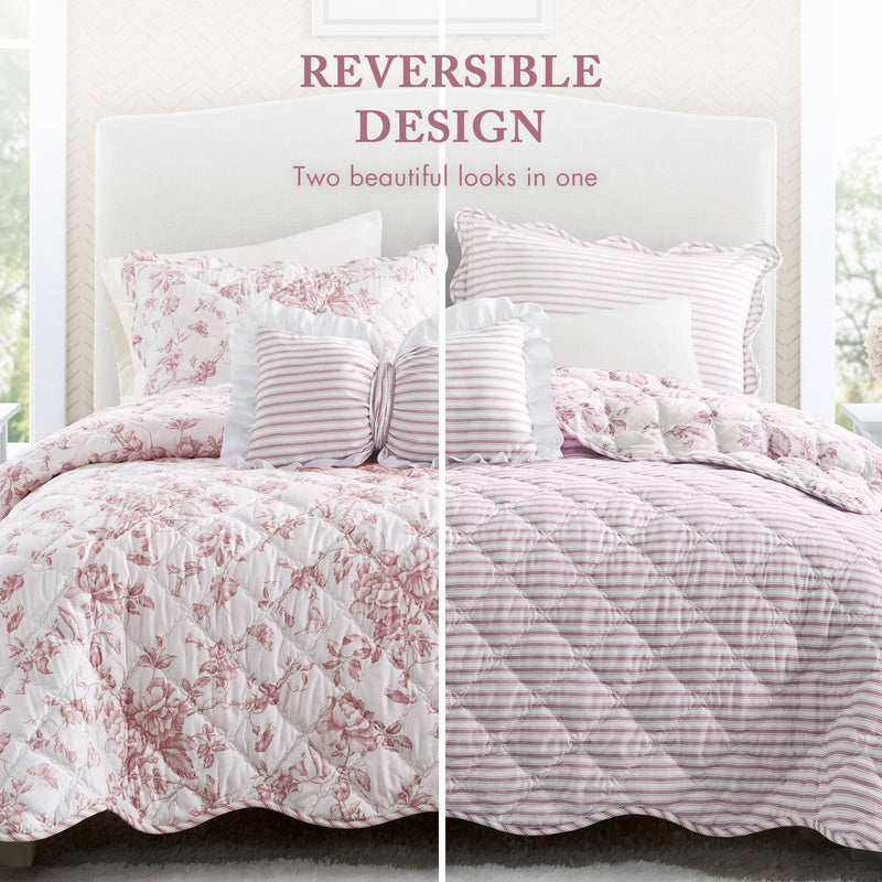 4 Pieces Full/Queen  Quilt Set with Decorative Pillow,Pink