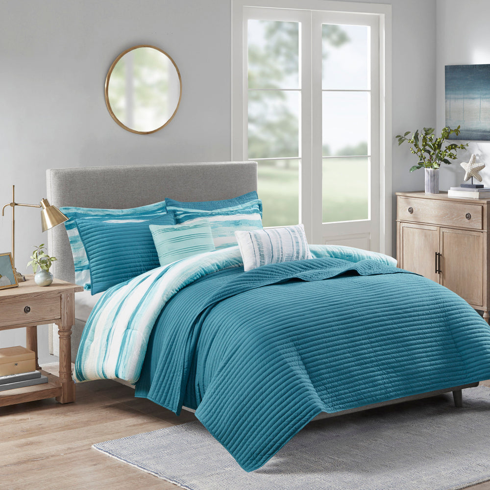 8 Piece Printed Seersucker Comforter and Quilt Set Collection Aqua King/Cal King Media 3