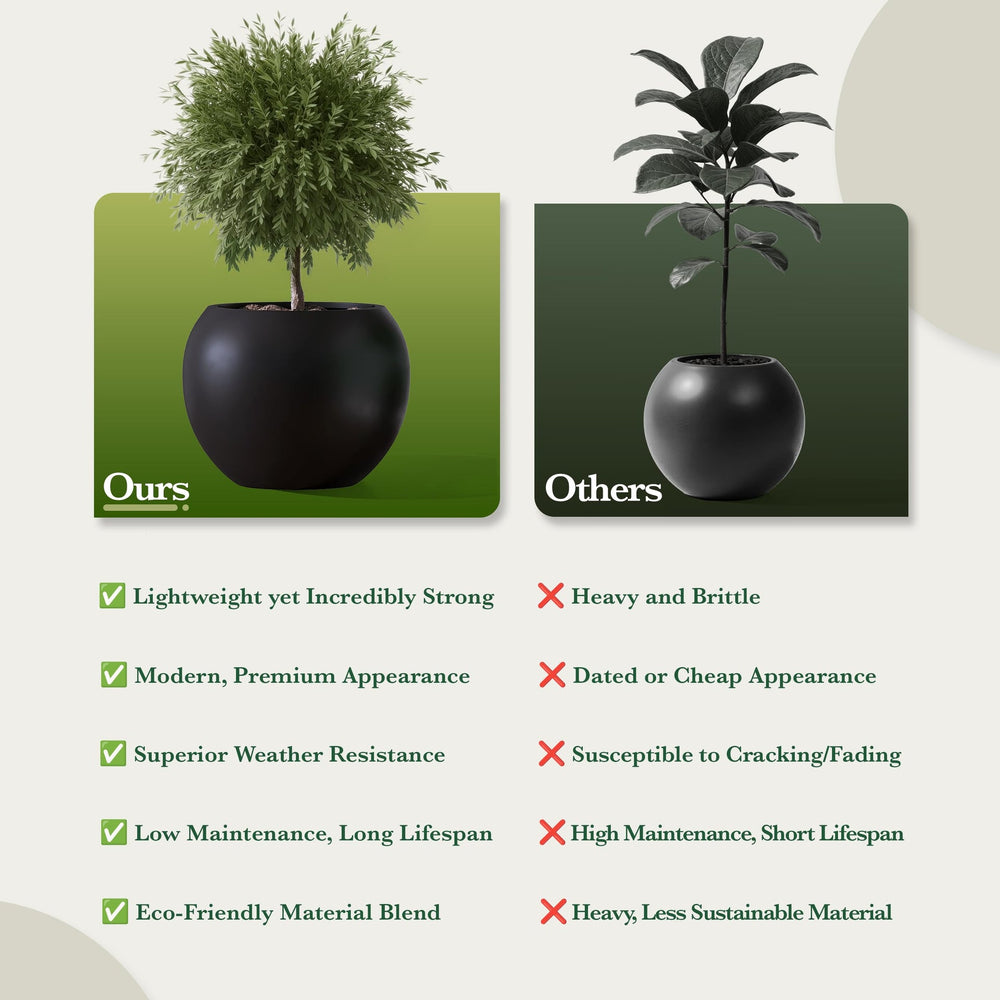 DTY Fiberstone Globe Planter Indoor Outdoor — Lightweight Sphere Ball Pot for Olive Tree, Monstera & Palm | Fiberglass Stone | UV Resistant, Drainage Hole | 2 Coco Mats | Black | 12.6