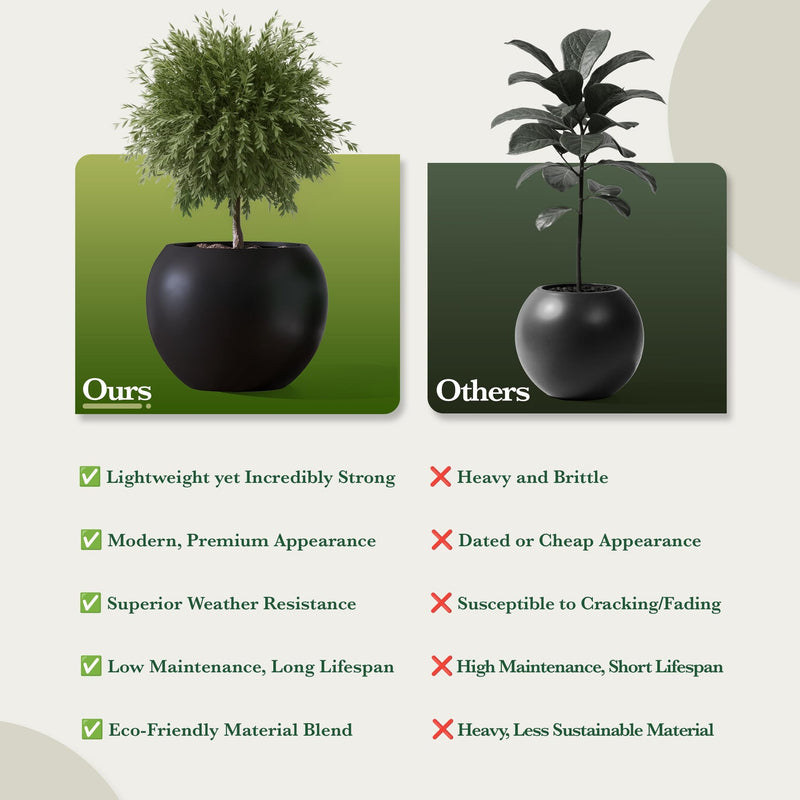 DTY Fiberstone Globe Planter Indoor Outdoor — Lightweight Sphere Ball Pot for Olive Tree, Monstera & Palm | Fiberglass Stone | UV Resistant, Drainage Hole | 2 Coco Mats | Black | 12.6" D × 10" H