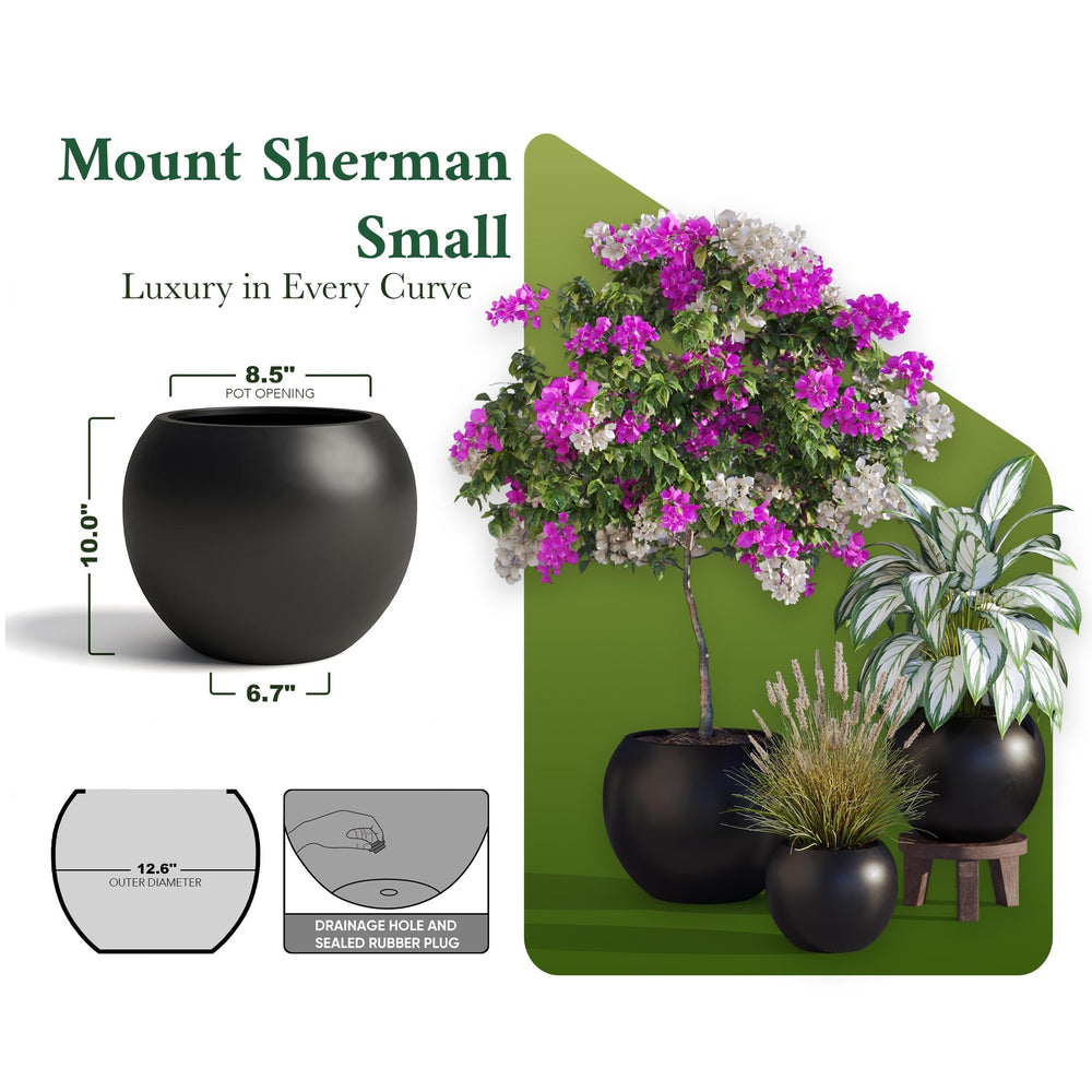 DTY Fiberstone Globe Planter Indoor Outdoor — Lightweight Sphere Ball Pot for Olive Tree, Monstera & Palm | Fiberglass Stone | UV Resistant, Drainage Hole | 2 Coco Mats | Black | 12.6