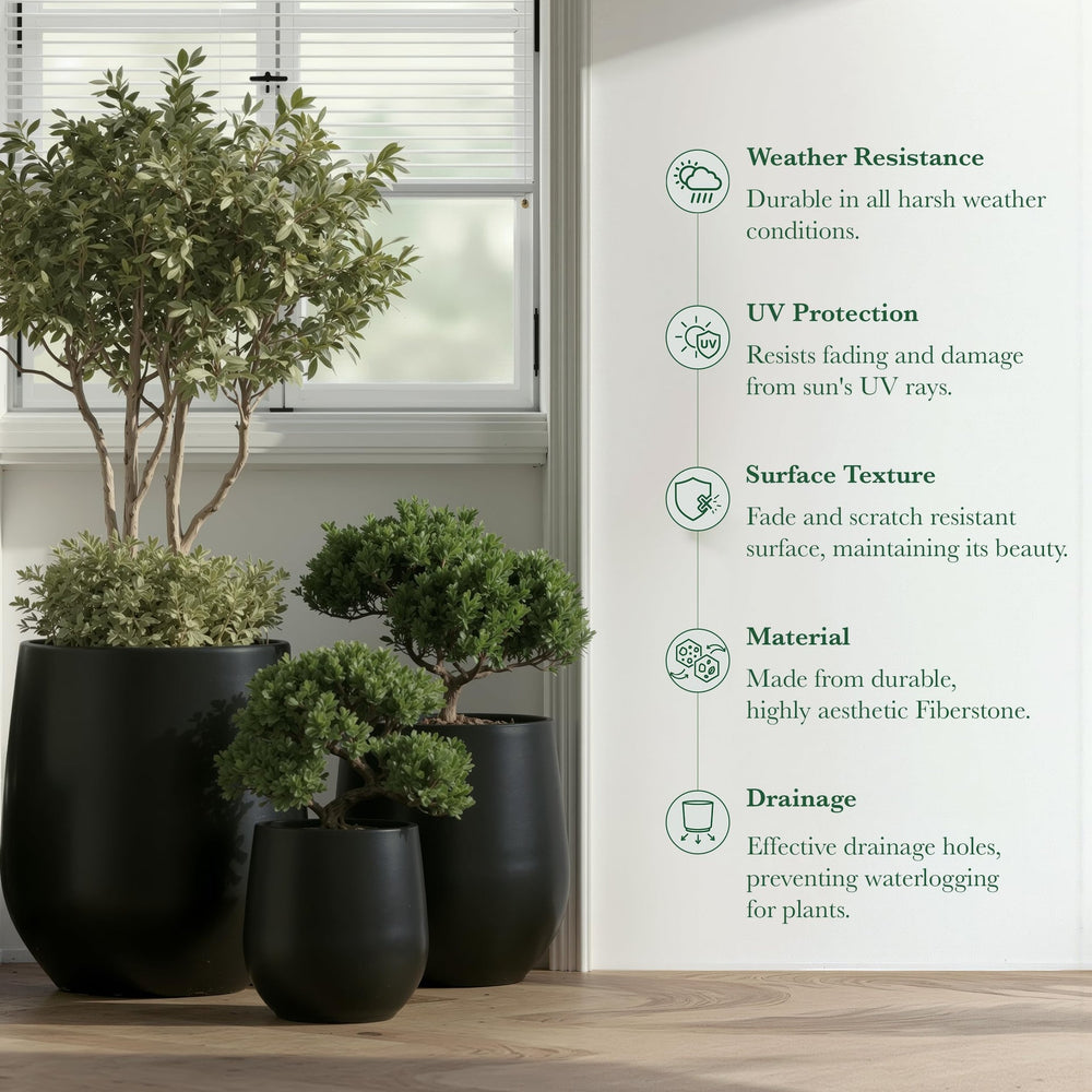 DTY Signature Mount Wilson Modern Indoor Outdoor Fiberstone Tapered Planter, Lightweight, Weather Resistant Garden Pot with Drainage Hole & Rubber Plug (Black, 11'' D x 12'' H) Media 39