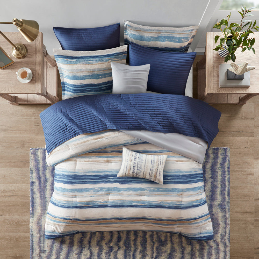 8 Piece Printed Seersucker Comforter and Quilt Set Collection Blue King/Cal King Media 2