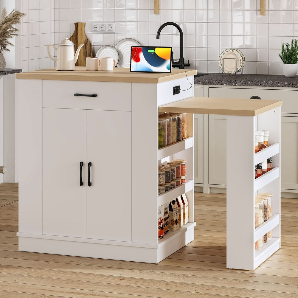 Extendable Island Console & Particle Board White Finish & Multi-Functional Storage Media 3