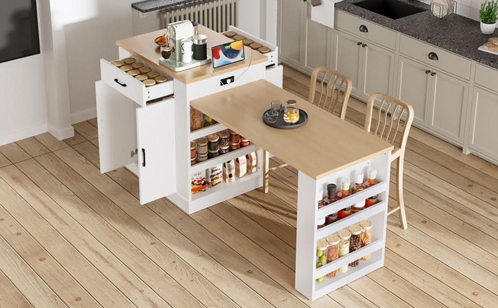 Extendable Island Console & Particle Board White Finish & Multi-Functional Storage Media 14