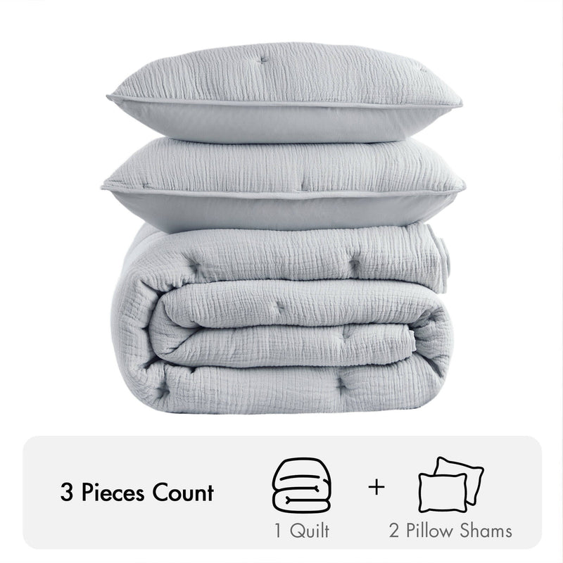 3-Piece Full/Queen Cotton  Embroidered Quilt Set,Blue