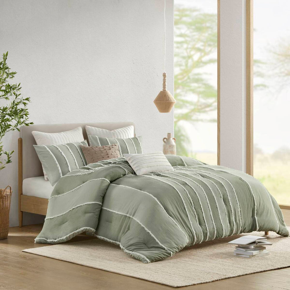3 Piece Striped Cotton Comforter Set Sage King/Cal King Media 5