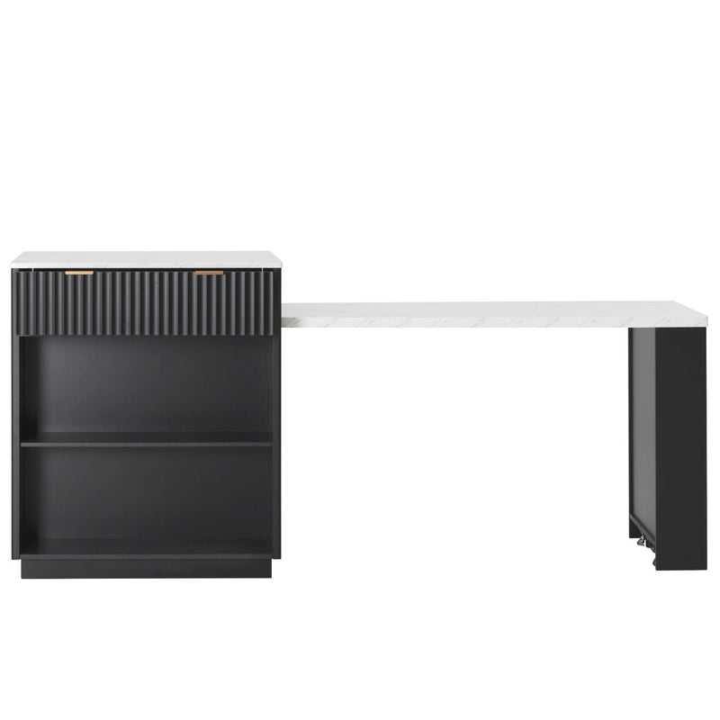 Kitchen Island Modern With Extendable Dining Table & Power Outlet For 4-6 People Black