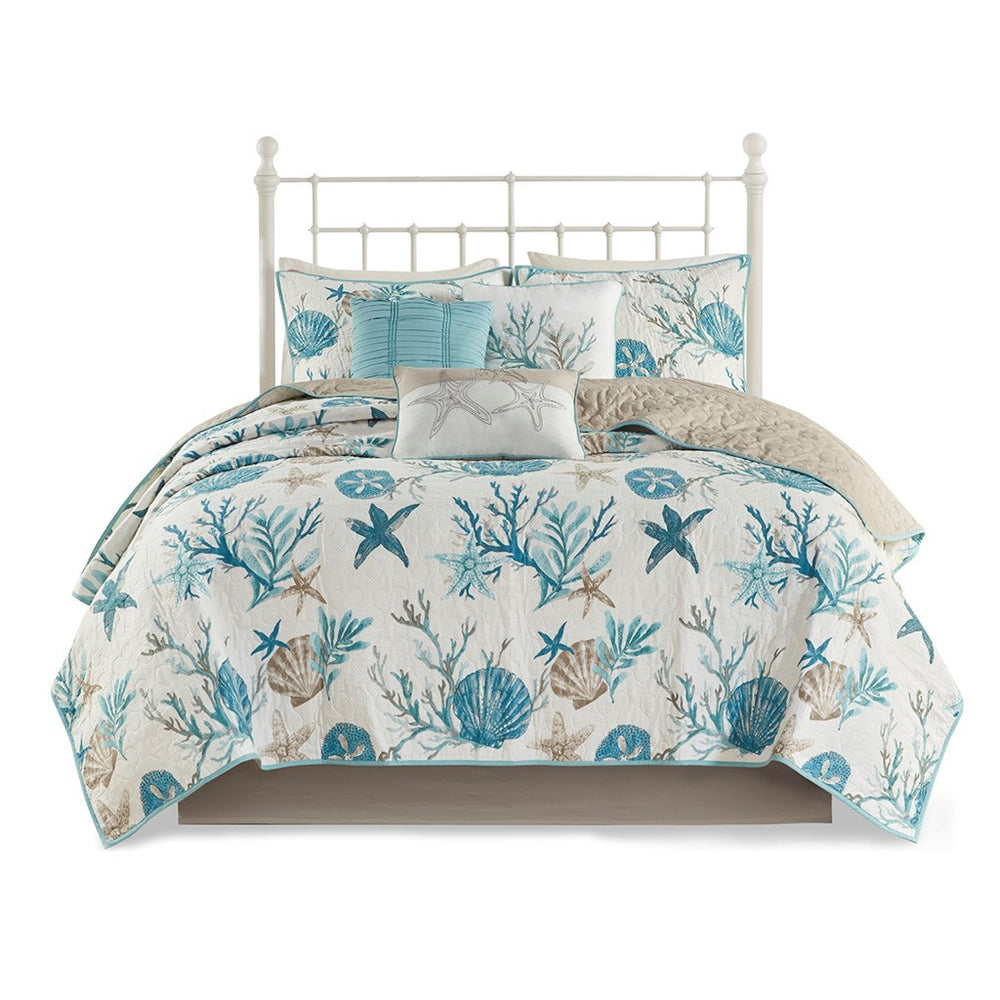 6 Piece Cotton Sateen Quilt Set with Throw Pillows Aqua Full/Queen Media 10