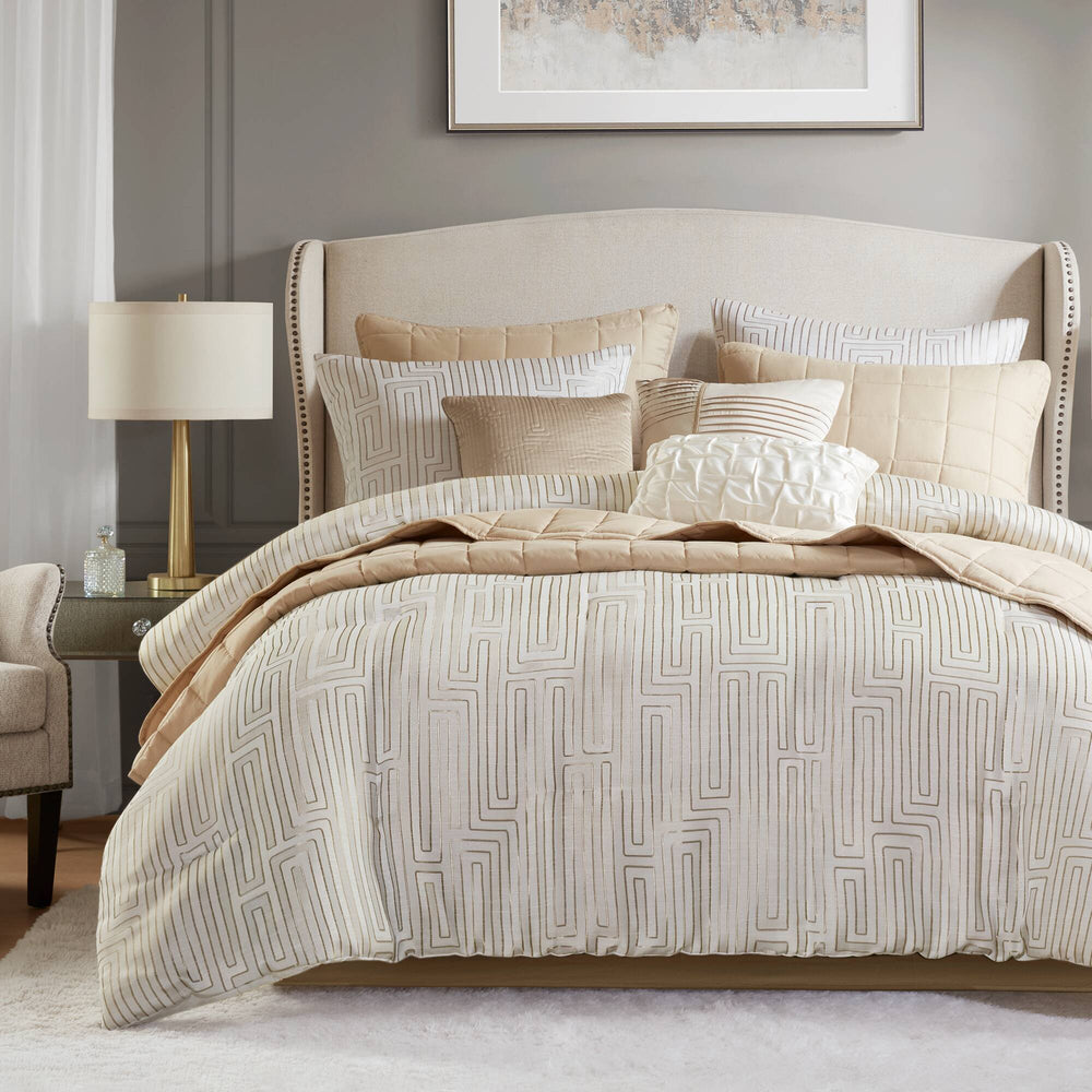 10 PCS Cal King Luxury Jacquard Comforter Set Ivory Media 21
