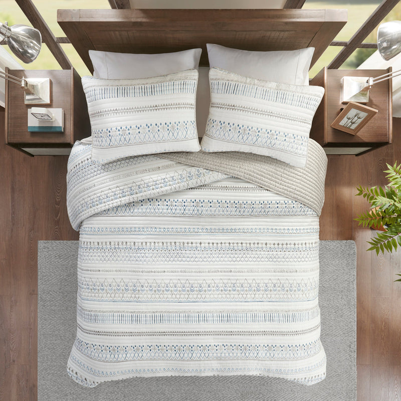 3 Piece   Seersucker Quilt Set Taupe/Blue King/Cal King