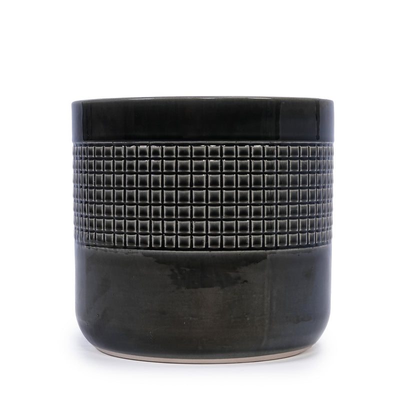 Handmade Black Glazed Ceramic Planter Set of 3, 9' 7' 6' Diameter, Grid Pattern, for Succulents & Cacti Indoor/Outdoor Shelf & Table Use, Porous Clay with Drainage Holes