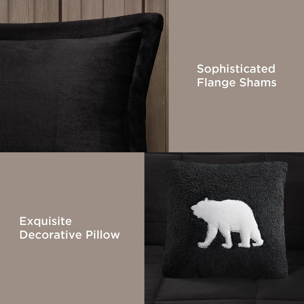 4-Piece Full/Queen Plush to Sherpa Down Alternative Comforter Set,Black/Black Media 15