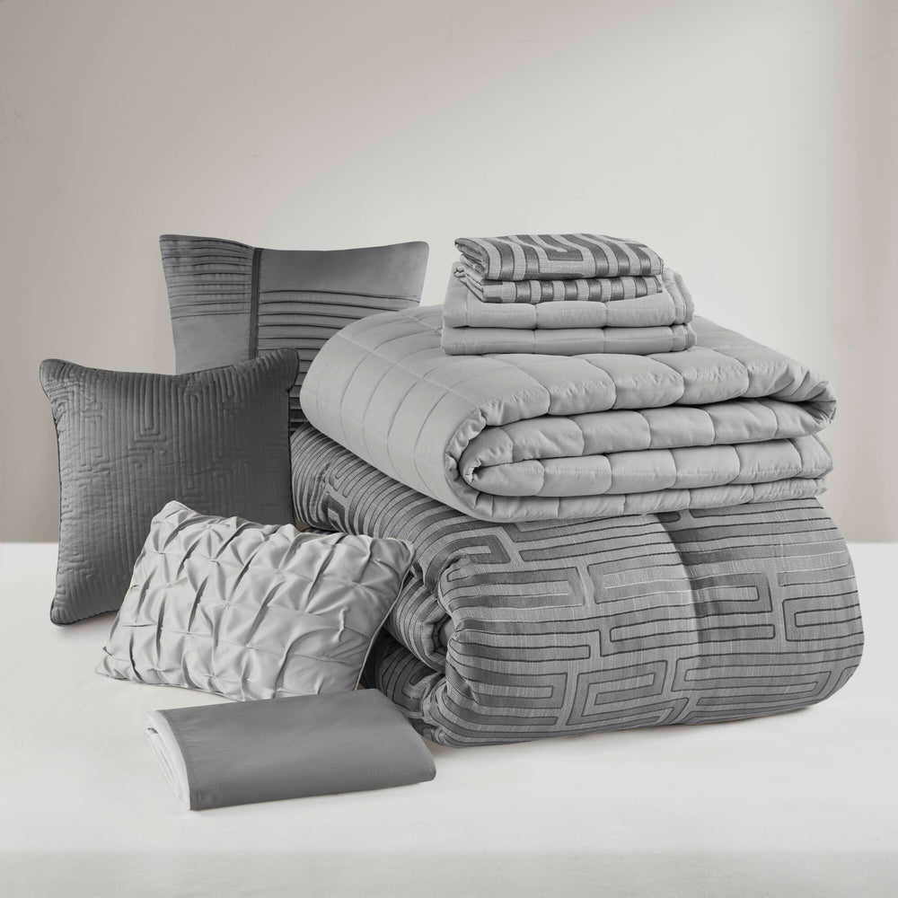 10 PCS Queen Luxury Jacquard Comforter Set Grey Media 13