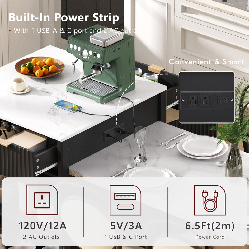 Kitchen Island Modern With Extendable Dining Table & Power Outlet For 4-6 People Black