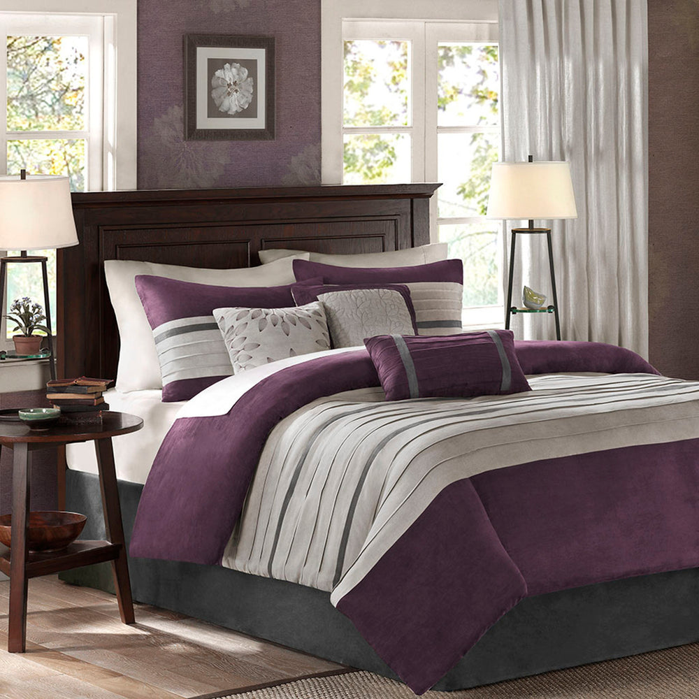 7 PC Pieced Faux Suede Comforter Set Purple Queen Media 1