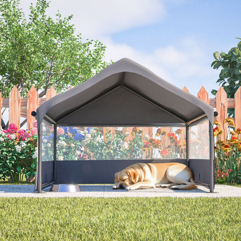 Extra Large Outdoor Dog House Tent with 3-Sided Mesh Windows, Breathable Sun Rain Cover Pet Shelter with Canopy and Ground Stakes for Dogs, Cats, Livestock – 4' x 4' x 3.3', Gray