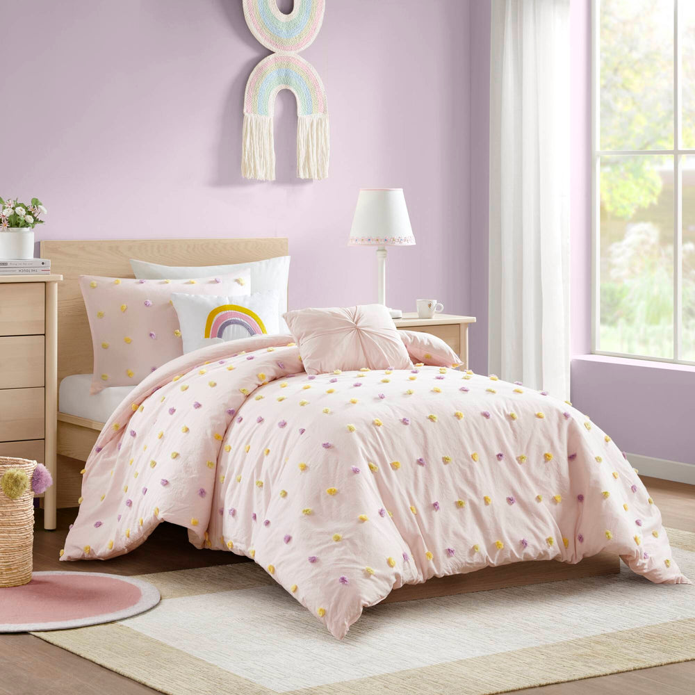 4PCS Twin/Twin XL Cotton Jacquard Pom Pom Comforter Set Media 1