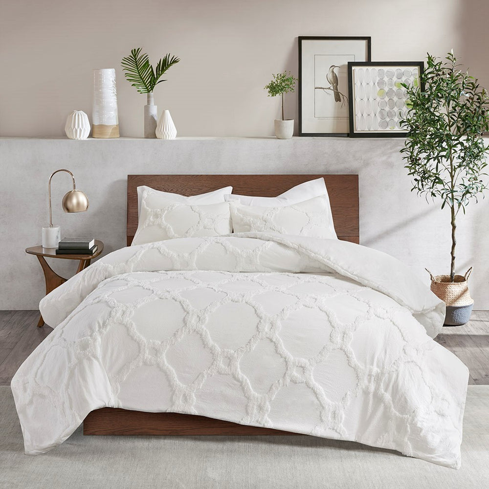 3 Piece Tufted Cotton Chenille Geometric Comforter Set Off-White Full/Queen Media 1