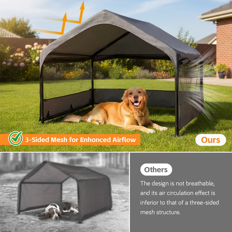 Extra Large Outdoor Dog House Tent with 3-Sided Mesh Windows, Breathable Sun Rain Cover Pet Shelter with Canopy and Ground Stakes for Dogs, Cats, Livestock – 4' x 4' x 3.3', Gray