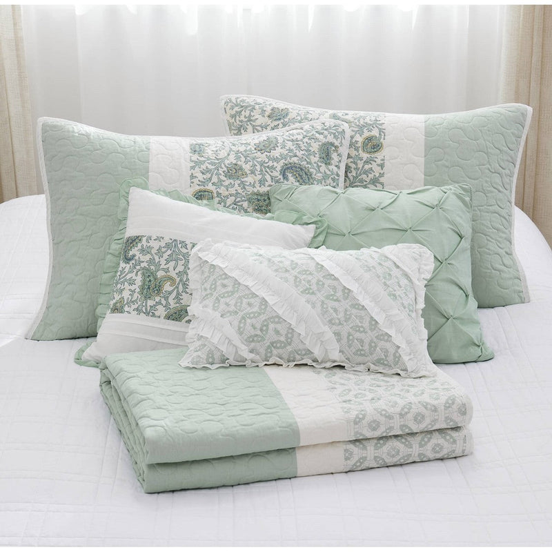 6 Piece Cotton Percale Quilt Set with Throw Pillows Aqua King/Cal King