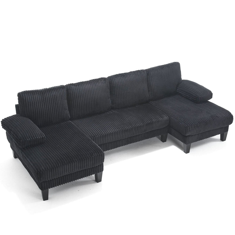 U Shaped Sofa Wood Frame Oversized Four-Seater Living Room Black Upholstery