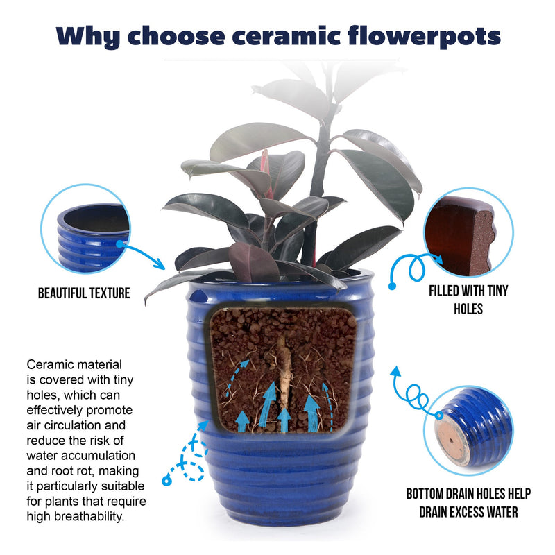 Handmade Sapphire Blue Ceramic Planter, 17 Inch Diameter, 1 Piece, Horizontal Ripples Pattern, for Monstera and Fiddle Leaf Fig, Indoor & Outdoor Doorway Use, Breathable Clay