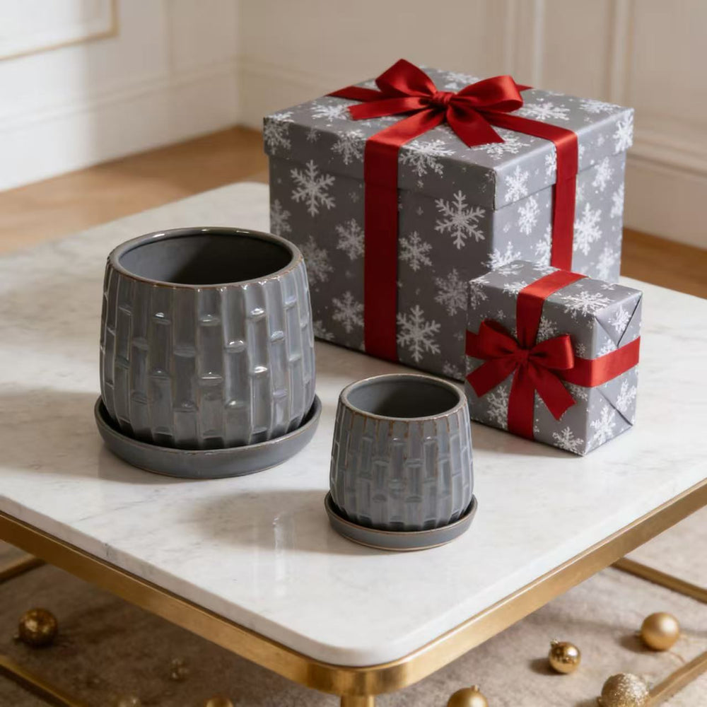 Handmade Gray Glazed Ceramic Planter Set of 2, 6' & 8' Diameter, Vertical Ribbed Pattern, for Succulents & Herbs Indoor/Outdoor Shelf & Table Use, Breathable Clay with Saucers Media 15