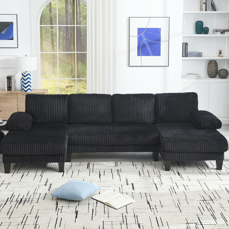 U Shaped Sofa Wood Frame Oversized Four-Seater Living Room Black Upholstery