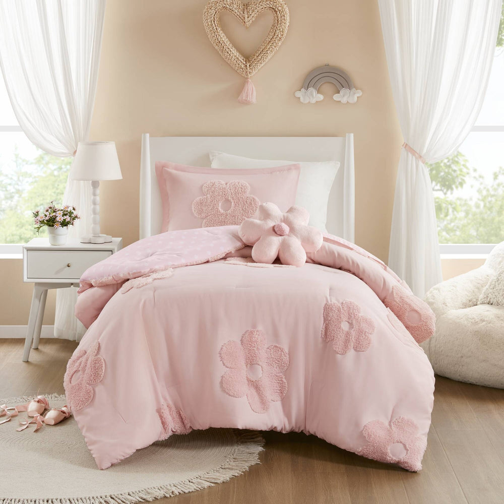3-Piece Twin Floral Reversible Tufted Chenille Comforter Set with Flower Throw Pillow,Pink Media 2